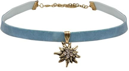 Alpenflüstern Trachten-Samt-Kropfband Strass-Edelweiß klein antik-gold-farben - Trachtenkette enganliegend und schmal, Kropfkette elastisch, Damen-Trachtenschmuck (hell-blau) DHK240