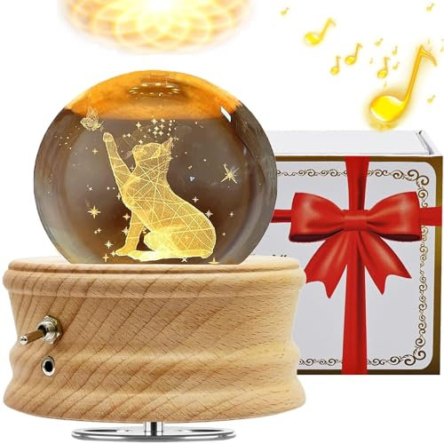 Caja de Música con Bola de Cristal 3D, Caja de Música Giratoria 360° Luminosa con Proyección de luz y Base de Madera para Niños, Esposas, Madres, Regalo Decorativo Creativo(Gato)