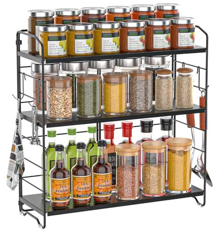 AHOMSEL Estante de especias de metal de 3 niveles, estantes de cocina de altura ajustable, estante de especias vertical, estante de almacenamiento de encimera para cocina, baño y dormitorio, negro