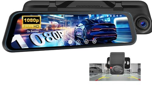 CAMECHO 12'' Mirror Dash Cam Night Vision 1080P Full Touch Screen Dual Dash Cam Front and Rear Camera Car Rear View Mirror with WiFi Loop Recording Parking Assistance G-Sensor