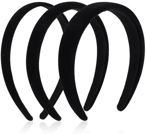 3 cerchietti per capelli in velluto nero da donna, 3 fasce spesse di diversa larghezza, morbide, semplici imbottite, tinta unita, senza denti, accessori per capelli spessi