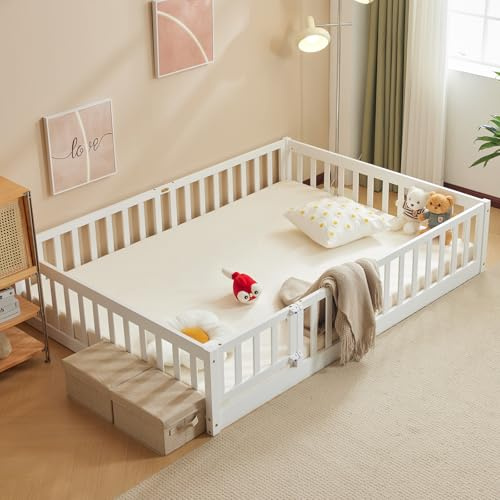 LALAHO Lit Montessori 140x200 cm - Bois Massif avec Porte et Barrière Sécurisée - 12 Lattes Renforcées, Garde-Corps Intégré - pour Enfants et Bébés (Blanc)