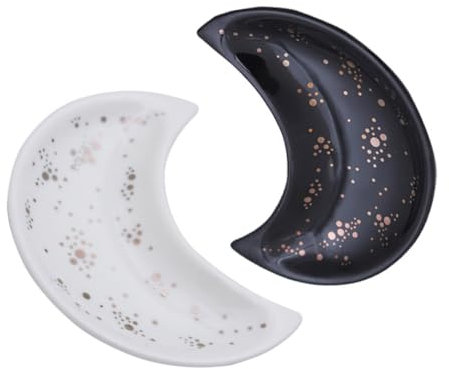 Holibanna Lot De 2 Plateaux À Bijoux Décoratifs En Porcelaine Blanche Motif Lune Pour Décoration De Chambre Vaisselle Assiette À Bijoux Bibelot Plateau De Service Noir