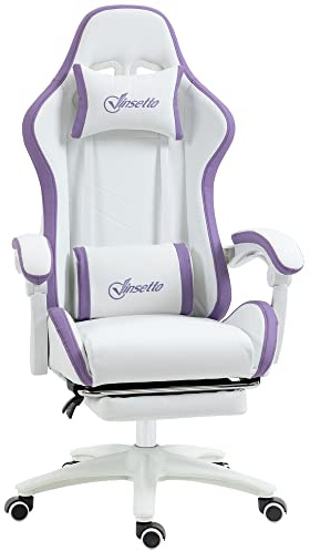Vinsetto Sedia da Gaming Ergonomica in Pelle PU e Acciaio con Poggiatesta e Altezza Regolabile, Poltrona Gaming con Schienale Reclinabile e Cuscino Lombare, 65x65x121-129 cm, Bianco e Viola