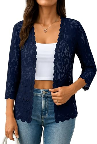 Cardigan Femme Manches Trois Quarts Pure Couleur en Dentelle ajourée et Transparente Style Romantique et délicat
