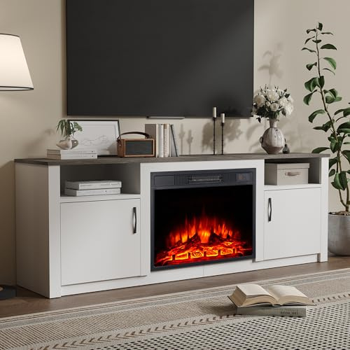 M.C.Haus 157cmW Elektrokamin-TV-Ständer, modernes Entertainment-Center mit realistischem 3D-Flammeneffekt, Überhitzungsschutz und Fernbedienung, Holzkonsolentisch für das Wohnzimmer