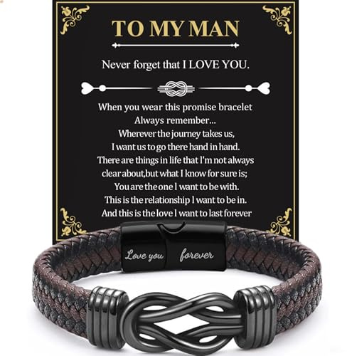 JJBAOER Gifts for Him, Men's Leather Bracelet, Engraved Love You Forever, Boyfriend & Fiancé Gifts, Anniversary, Birthday, Valentine's Day, Infinity Knot Braided, To My Man Greeting Card, Gift Box
