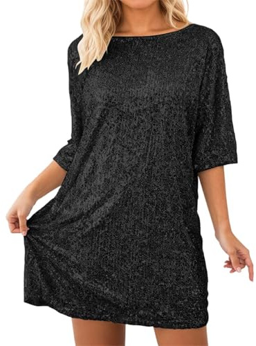 2026 Vestido de lentejuelas brillantes para uso diario, manga corta, cuello redondo, ajuste holgado, elegante túnica, cómodo, ideal para fiestas, clubes, ropa versátil para mujer