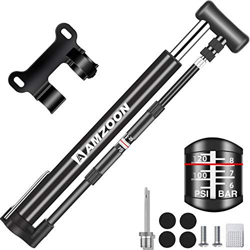 AMZOON Bike Pump with Pressure Gauge Mini Bicycle Pump with 250mm Extra Long Hose Fits Presta & Schrader Valves