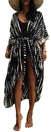 Bsubseach Stylish Tie Dye Open Front Long Kimono Swimsuit Cover Up for Women Swimwear Cover Ups Black