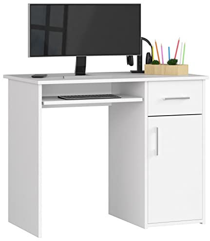 AKORD PC-Schreibtisch PIN mit Tastaturablage | Schreibtisch Klein mit Schubladen | Computertisch | Bürotisch 1 Schublade, 1 Ablagefach mit Tür, B90 x H74 x T50 cm, 29 kg | Weiß