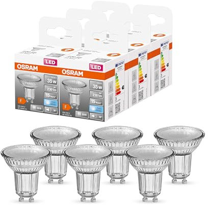OSRAM Lamps PAR16 LED Reflektorlampe mit GU10 Sockel, Kaltweiss (4000K), Glas Spot, 2.6W, Ersatz für 35W-Reflektorlampe, LED STAR PAR16, 6er-Pack, White