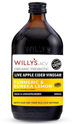 WILLY'S Organic Live Apple Cider Vinegar with Mother - Probiotics For Gut Health - Fresh Turmeric, Lemon, Honey & Black Pepper - 500ml Refillable Glass Bottle - Sustainable ACV