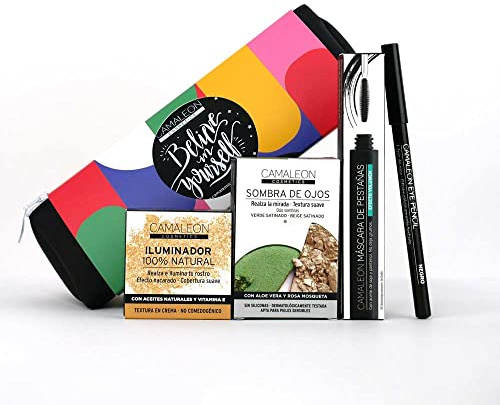 Camaleon Cosmetics - MakeUp Dublín - Mirada Intensa - Set Sombra de Ojos + Iluminador + Lápiz de Ojos Negro + Máscara de Pestañas Volumen - Neceser de regalo