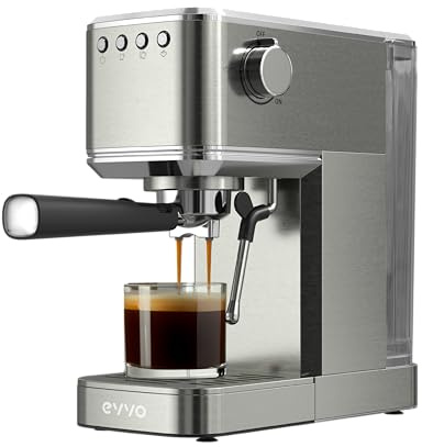 EVVO Cafetera Retro Intensa 20 - Cafetera Espresso, 20 Bares, 1350W, Acero Inoxidable, Brazo Doble, Termo Block, Precalentado Rápido, 1.5L, Vaporizador, Portafiltros, Doble salida, Sin manómetro