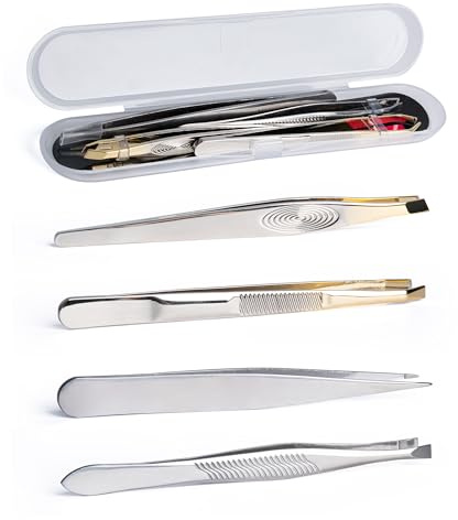 4 Pcs Tweezer Set for Facial Hair Removal with Travel Case | Stainless Steel Slant & Pointed Tweezers for Women Men, Ingrown Hair Splinter Blackhead Remover Kit
