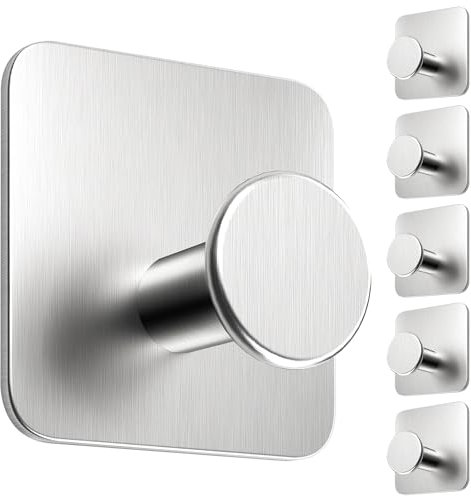 4smile Portasciugamani senza foratura, set da 6 pezzi, argento – Portasciugamani da bagno in acciaio inox moderno gancio adesivo ad alta capacità – Ganci impermeabili per bagno, ganci autoadesivi