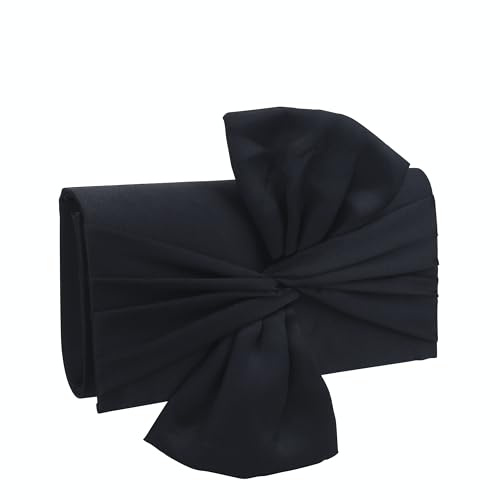 shilanmei Bow Clutch Purses for Women,Simple Pleated Purse Lady Satin Handbag Evening Bag with Chain for Daily Wedding Formal Party (Black)