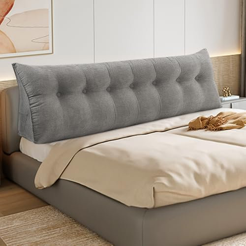 OHMG 120/140/160/180/200 cm Rückenkissen, geeignet für Bett und Sofa, Lendenkissen, Lesekissen, Kissen mit abnehmbarem Nackenband und waschbarem Bezug, praktische Seitentasche (Grau, 200CM)