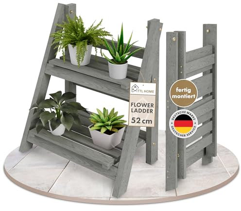 TTL Home Blumentreppe Flower Ladder S 52x41x24cm hellgrau - 2-Stufen Blumenleiter dekorativ & wetterfest aus Massiv Holz - Pflanzenregal für Wohnung Balkon Terrasse Outdoor & innen klappbar