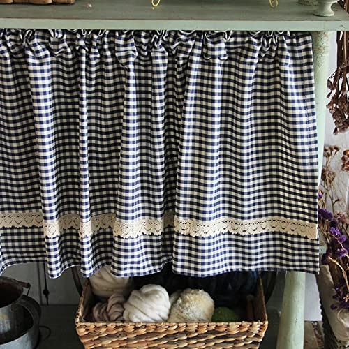 A.Monamour Tenda Corta per Finestra Piccola Rustico Bianco Blu A Quadri A Scacchi In Cotone Pizzo Tendina Cucina Bistrot Caffè Mezza Mantovana Tenda a Vetro a Pannello Porta