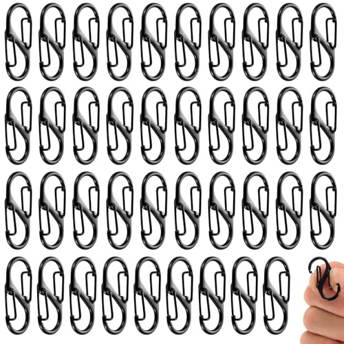 40 Pièces Mini Mousquetons en Forme de S, 32mm Petit Mousqueton à Boucle en Métal à Double Ressort 2 Ouvertures pour Camping, Randonnée, Pêche, Voyage, Intérieur, Extérieur (Noir)