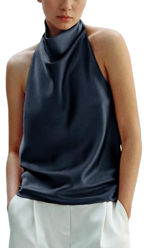 Maohao Women's Silk Satin Tank Tops Halter Draped Front Sexy Backless Womens Summer Tops Elegant Camisole Tops (Navy,S)