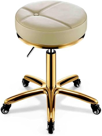 Sadelpall, Premium mörkblå snurrpall i läder med rullstång och mjuk kudde for skönhetssalong, spa, massage(Beige)