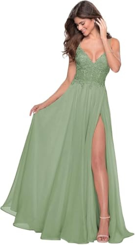 Generico Abiti da Ballo in Chiffon Abito Lungo con Applicazioni in Pizzo e Spacco Abiti da Cerimonia con Spalline Sottili e Scollo a V Verde Salvia Polveroso XS