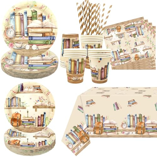 Book Party Decorations, Includes Plates, Napkins, Cups, Tablecloths, for Library Reading Storybook Party Supplies Serves 20 Guests