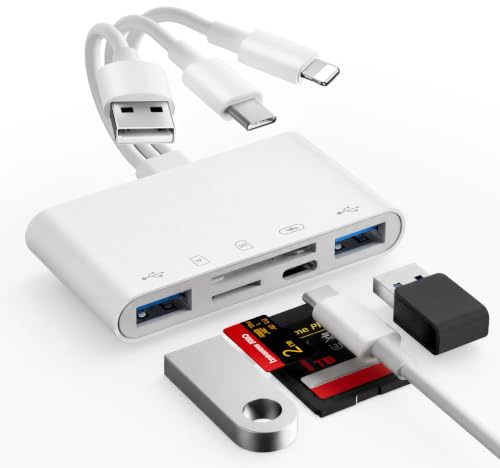 5-i-3 minneskortläsare med USB A/USB C/SD/Micro SD-kortplatser | USB C USB A Lightning kontakt kortläsare, SD-kortläsare för iPhone iPad MacBook Android etc