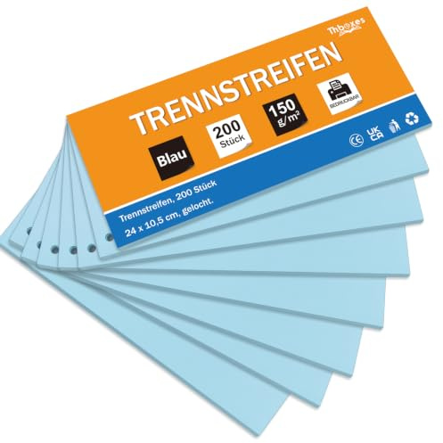 Thboxes Lot de 200 intercalaires bleus, 24 x 10,5 cm, perforés, pour classeur A4, onglets de séparation en carton, inscriptibles et imprimables, pour bureau, école, université