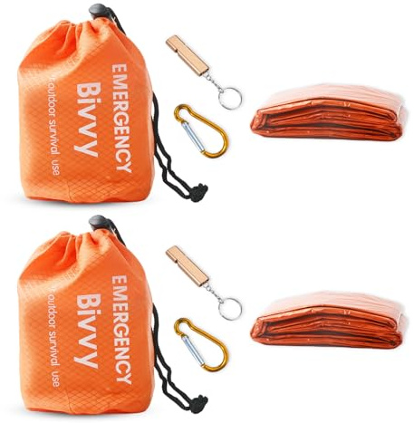 Lot de 2 sacs de couchage d'urgence - Sac de survie - Couverture de sauvetage avec sifflet - Protection contre le froid - Équipement de survie pour camping, randonnée, activités de plein air
