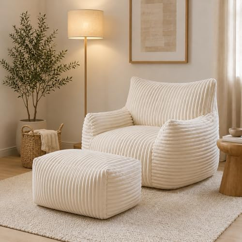 Calivra Pouf XXL pour adultes avec ottoman – Fauteuil inclinable ergonomique Relax avec support à 5 zones, revêtement Corduroy, rembourrage en éponge à haute élasticité, gain de place pour salon