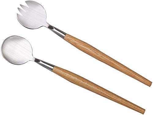 Gabriera - Juego de cuchara y tenedor para servir ensalada, de acero inoxidable con mango de madera (longitud total: 28 cm)