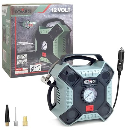 KOMBO - Tragbarer Elektrischer Kompressor 12V mit Manometer und 3 Aufsätzen – Max. 160 PSI / 11 Bar – Betrieb über Zigarettenanzünder – Kompakt und Leistungsstark für Reifen, Fahrräder, Sport