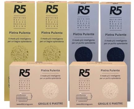 R5, Multipack Pietre Pulenti in Vetro Riciclato, Kit Pulizia Casa Completo, 1 x Superfici Dure, 1 x WC e Sanitari, 1 x Griglie, Piastre, Padelle e Utensili, Eco-Sostenibile, Made in Italy