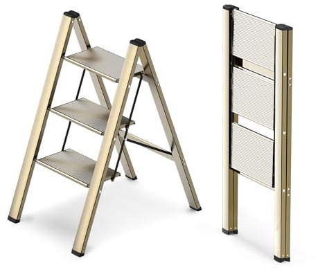 WOA WOA 3 Step Ladder, Foldable Step Stool, Aluminum Lightweight Ladder for Home Kitchen Closet, Anti-Slip Pedals, Ease of Folding, Portable, 300lbs Capacity - Gold