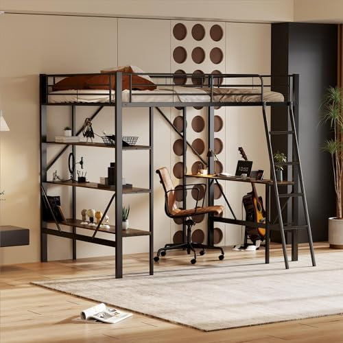 Kayan Metallbett 90x200 cm, Hochbett mit Schreibtisch und DREI großen Ablagen, Etagenbett mit Treppe, Eisenbett Kinderbett Jugendbett Bettgestell, Ohne Matratze (Schwarz)