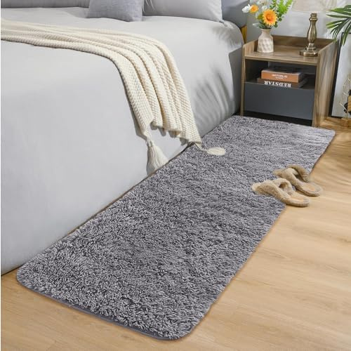 Oxford Homeware Rugs Living Room– Fluffy Grey Area Rugs for Bedroom, Hallway Runner Rug 60 x 220 cm Anti Slip – Modern Super Soft Rug Washable Floor Carpets