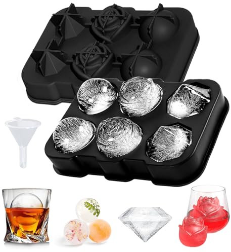 Silicone Ice Cube Tray with Lid, Easy Release 6 x Rose/Diamonds/Ball Ice Cube Moulds Freezer Tray, Non Breakable Ice Ball Maker Prefect for for Whiskey, Cocktails, Reusable & BPA Free