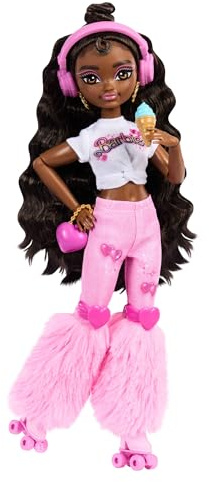 Barbie Dream Besties Brooklyn, bambola snodata alla moda con pattini a rotelle e capelli castano scuro, 9 accessori a tema musica e video inclusi, giocattolo per bambini, 4+ anni, JFX97