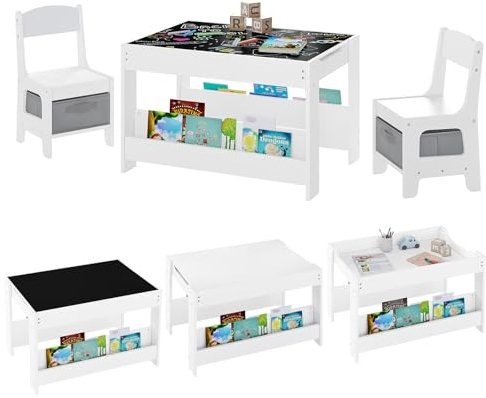 Lestarain 3 TLG. Kindertisch mit 2 Stühlen, Kindersitzgruppe, Kindermöbel Set mit Stauraum und Aufbewahrungsboxen, für Kinderzimmer Spielzimmer, Weiß