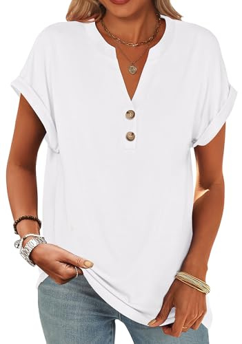 ANRABESS Womens Short Sleeve Henley Tops V Neck Dressy Casual Blouses Summer Trendy Tee Shirts 2026 Vacation Fashion Clothes White XL