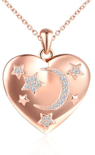 Corazón Estrella Lunar Collar con Foto Plata de Ley 925 Chicas Mujer Personalizada Colgante Foto con Circón Hipoalergénico Medallón con Foto Moda Joyería Regalos para Amiga Esposa Mamá Hija Oro Rosa