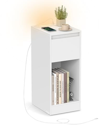 VASAGLE Mesita de Noche Estrecha, Mesa Auxiliar, con Iluminación LED, 1 Puerto USB-A, 1 Puerto USB-C, Cajón y Compartimento, Dormitorio, Salón, Blanco Nube LET610W01