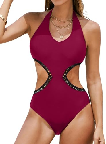 CUPSHE Women's One Piece Swimsuit Halter V Neck Side Cutout Monokini Bathing Suit Trapezoidal Lace Trim Claret L