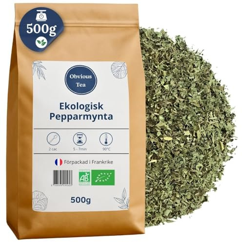 Ekologiska pepparmyntsblad – Ekologiskt örtte eller kulinariskt bruk – Mentha × Piperita L. – Ekologiskt odlad – Uppfriskande mentholdoft och frisk smak – 500 g påse (250 koppar)