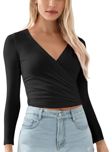 Womens Ballet Wrap Top Long Sleeve Deep V Neck Tie Front Cross Over Ruched T Shirts Solid Slim Fitted Yoga Pilates Gym Workout Tops Y2K (Black Tie Up Front, M)