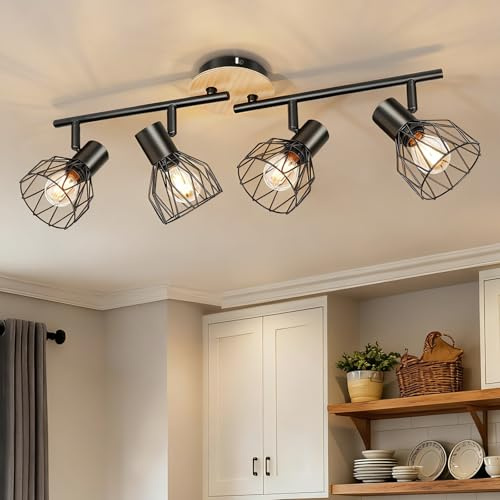 Ketom Faretti LED Soffitto 4 Luci, Faretto LED Interno Orientabile Nero, Lampadario Faretti Orientabili E14, Faretto da Parete Legno Vintage, Faretti da Soffitto per Cucina, Senza Lampadina